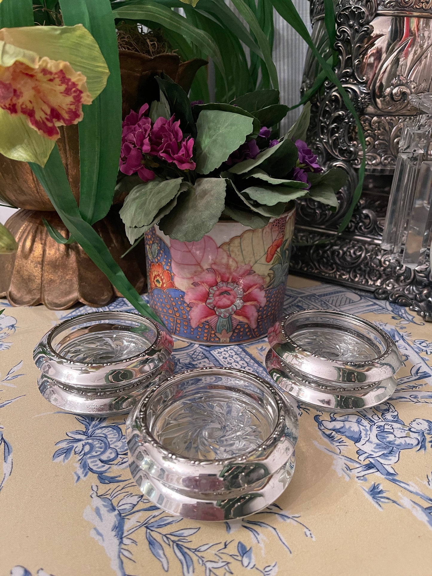 Vintage Sterling Silver and Crystal Georgian Bead by Amston Coaster Set, Set of Six, Southern Estate Decor