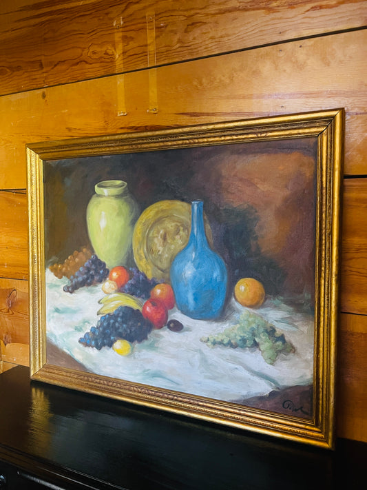 Vintage Fruit Still Life Painting with Blue and Green Vases, Framed