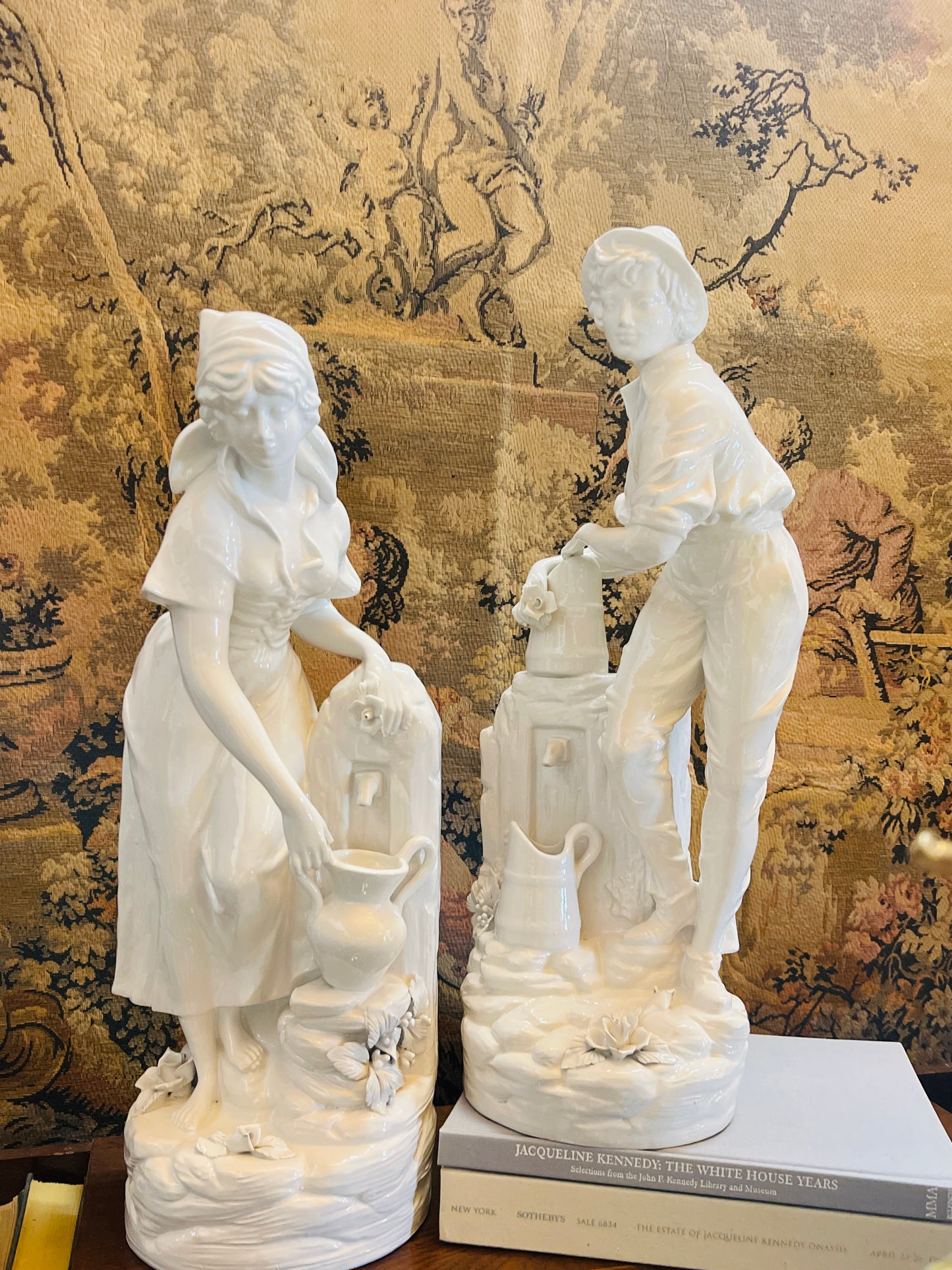 Italian Porcelain Blanc de Chin Pastoral Statuettes, Pair