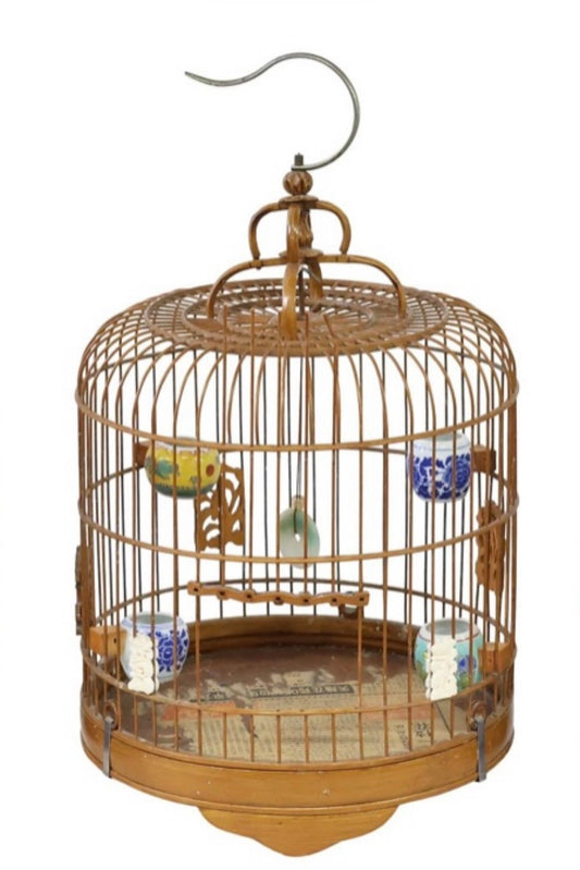 Antique Chinese Bamboo Bird Cage with Hand-Painted Porcelain Feeders