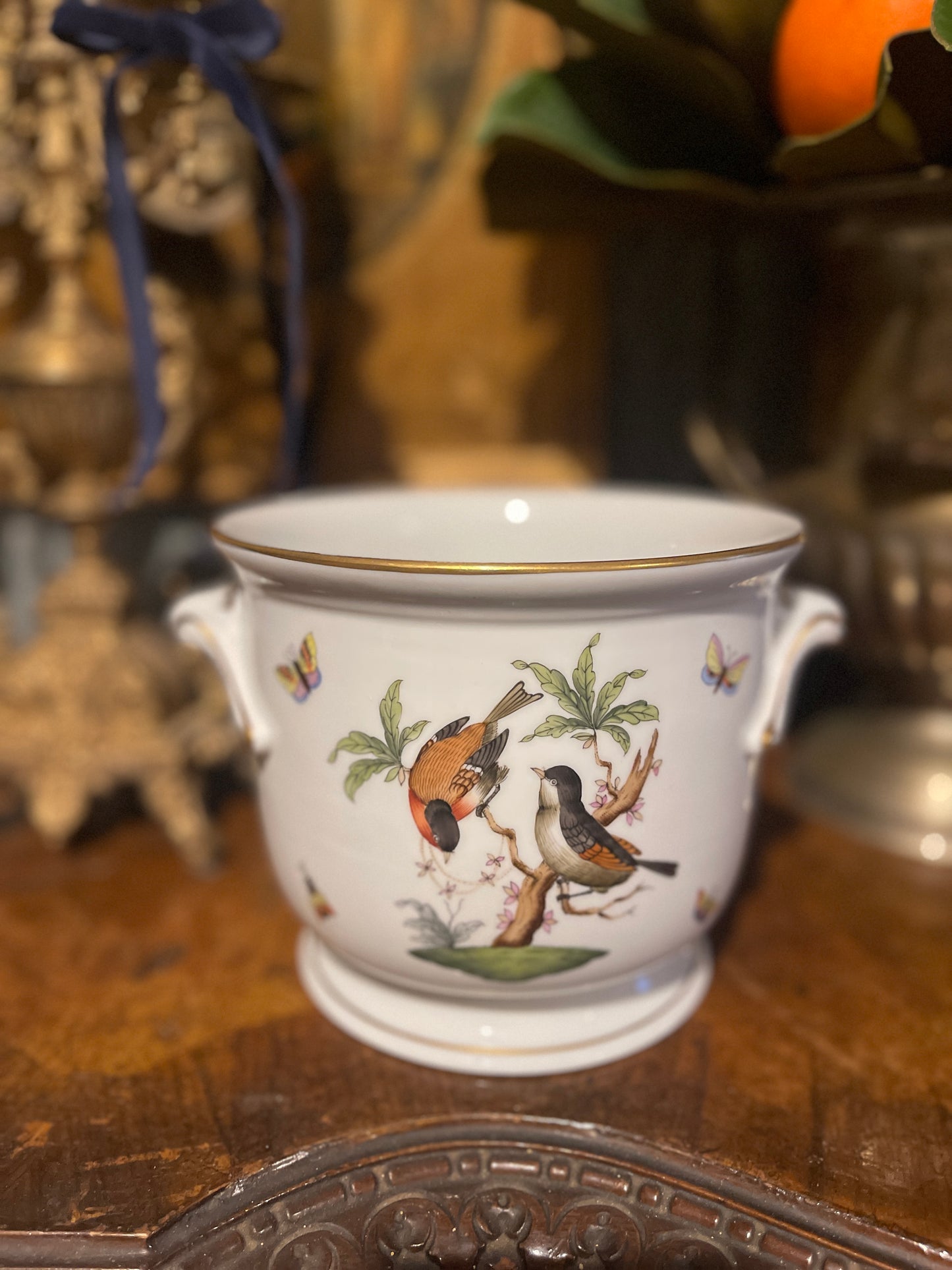 Vintage Herend Rothschild Bird Jardiniere, Hand Painted Porcelain