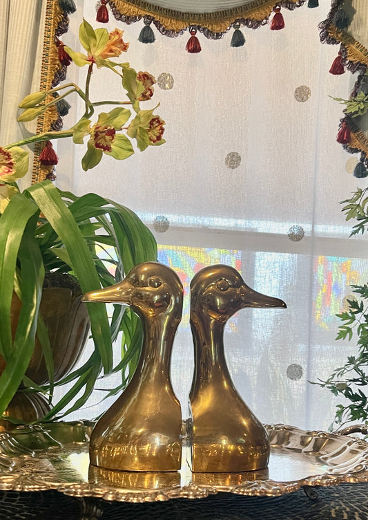 XLarge Brass Duck Head Bookends, Vintage Preppy Decor