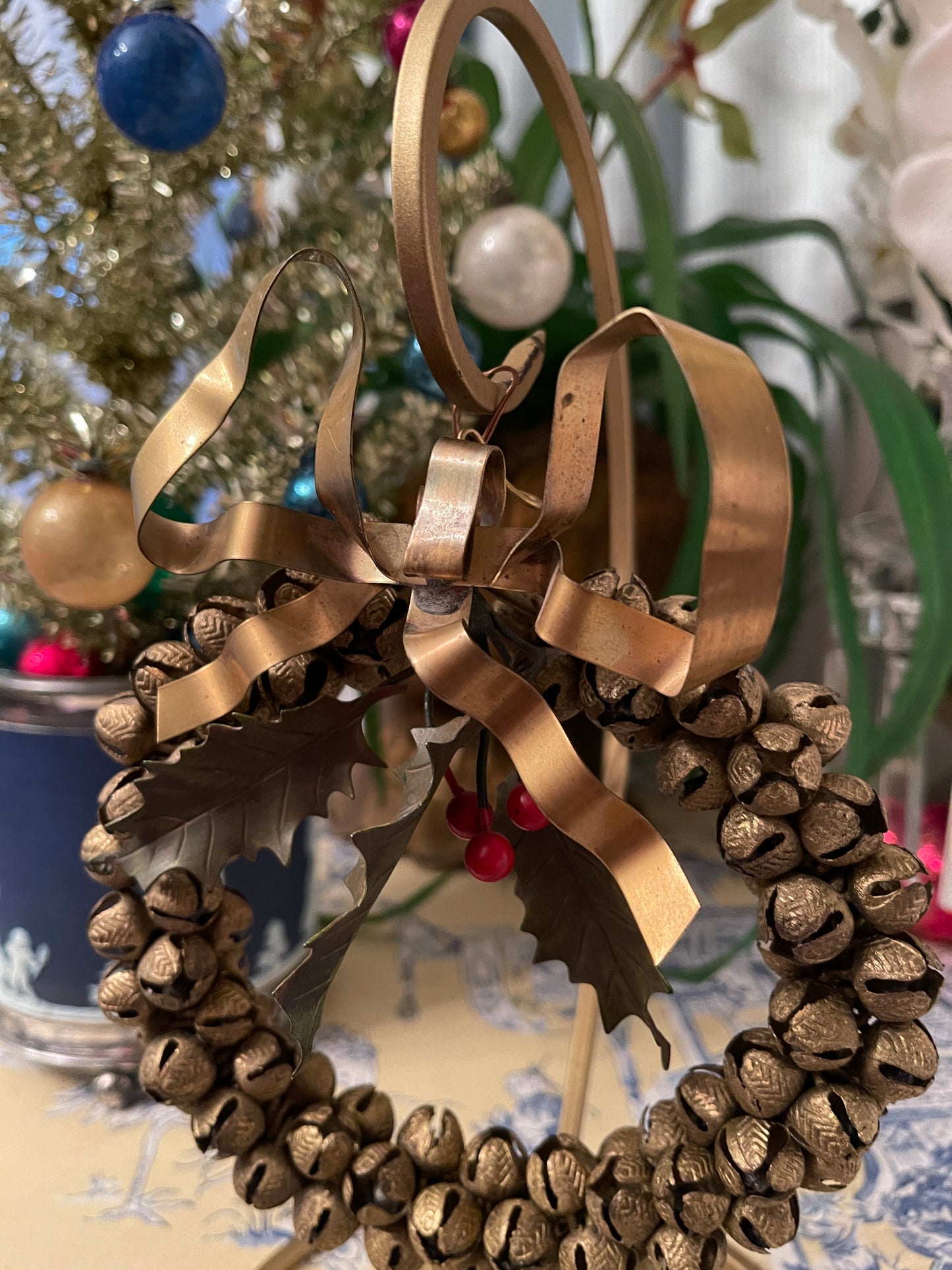 Vintage Gold Tole Jingle Bell Wreath with Bow, Green Leaves and Red Berries
