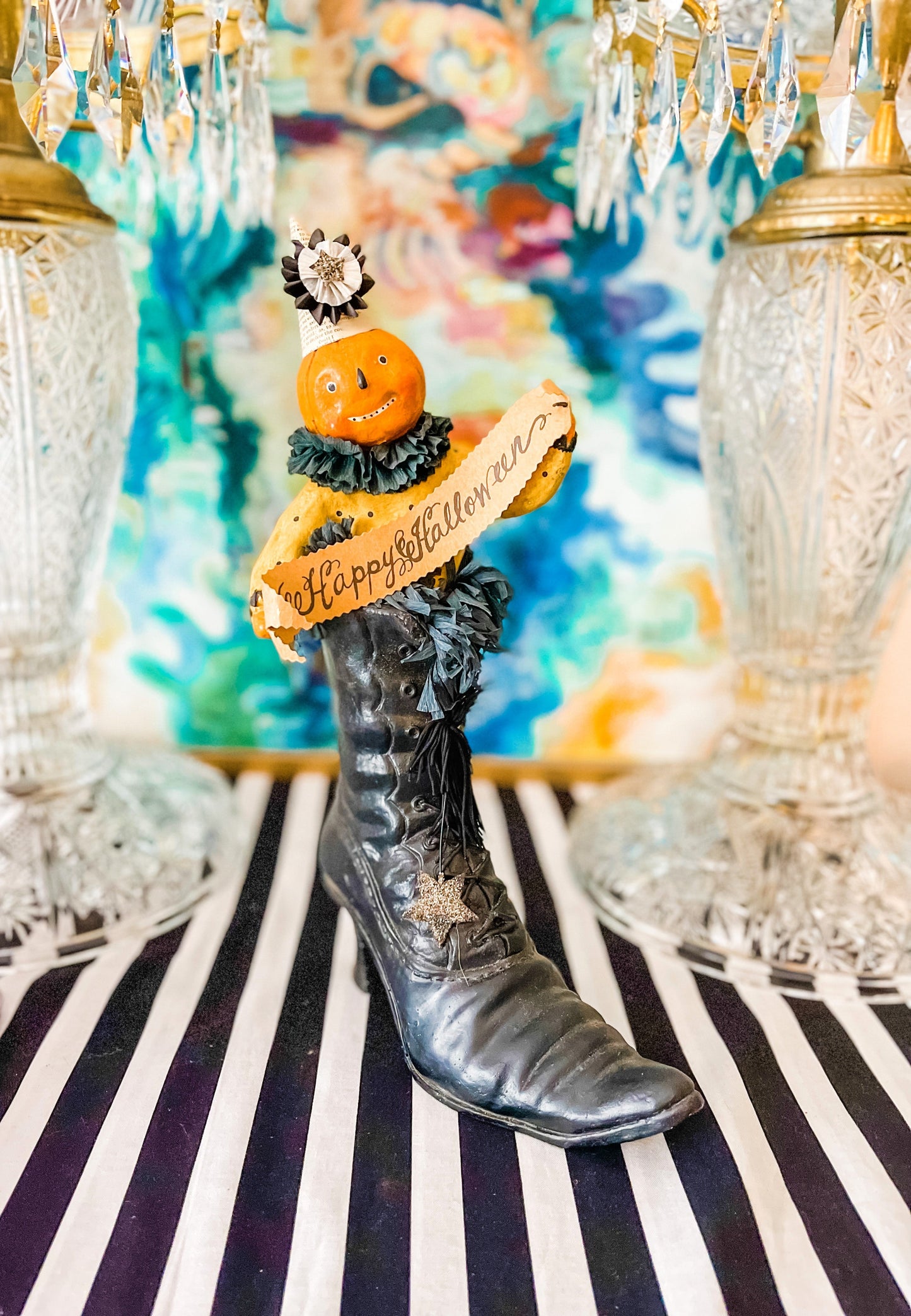 Nicol Sayre Happy Halloween Jack O Lantern Pumpkin Clown in Witch's Boot - Retired