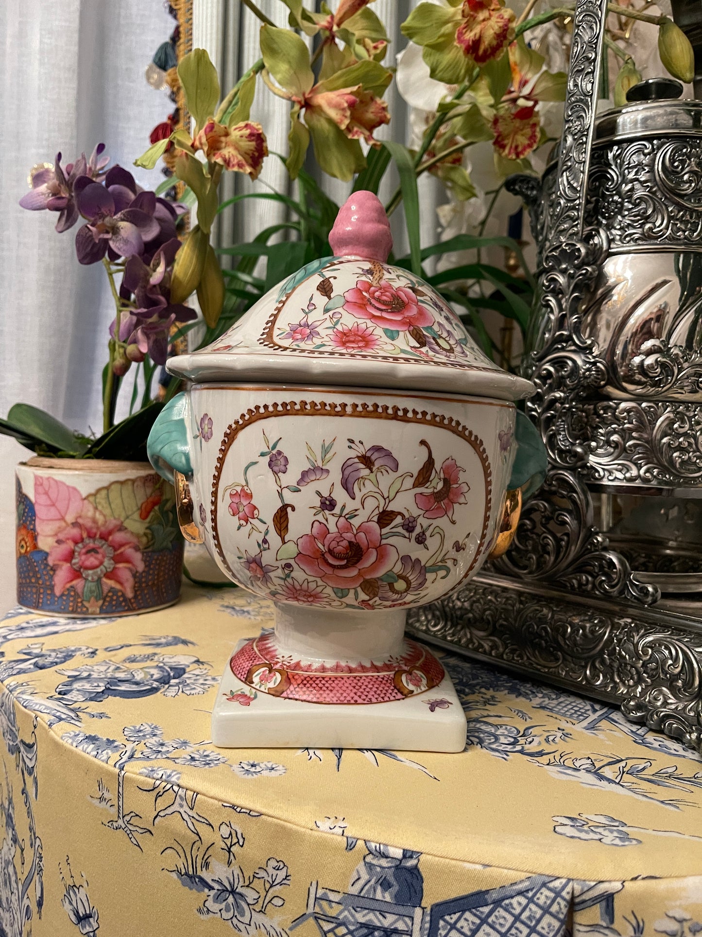 Vintage Pink Chinoiserie Lidded Compote
