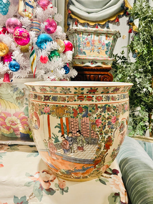 Vintage Rose Medallion Fishbowl Cachepot Planter – Christmas Tree Vessel & Year-Round Chinoiserie Elegance