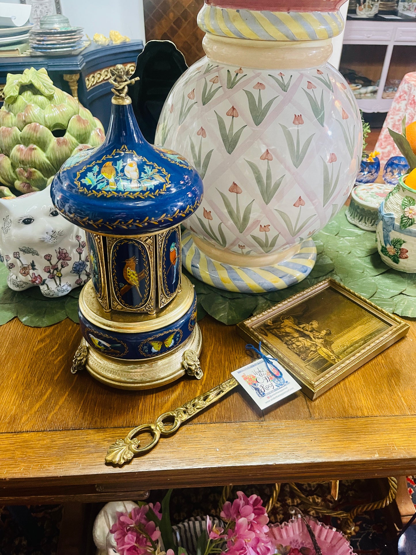 Vintage Reuge Italian Lipstick Carousel Music Box | Hand-Painted Porcelain with Birds, Cherub Finial & Gilt Base