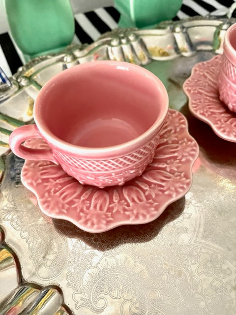 Bordallo Pinheiro Pink Bunny Cup and Carrot Plate Saucer sets, 4 pieces