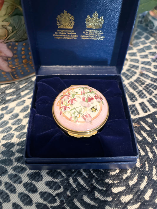 Halcyon Days Enamel Box with Pink Flowers, Viney Green Foliage and a Buzzing Bee, Made in England, Original Box