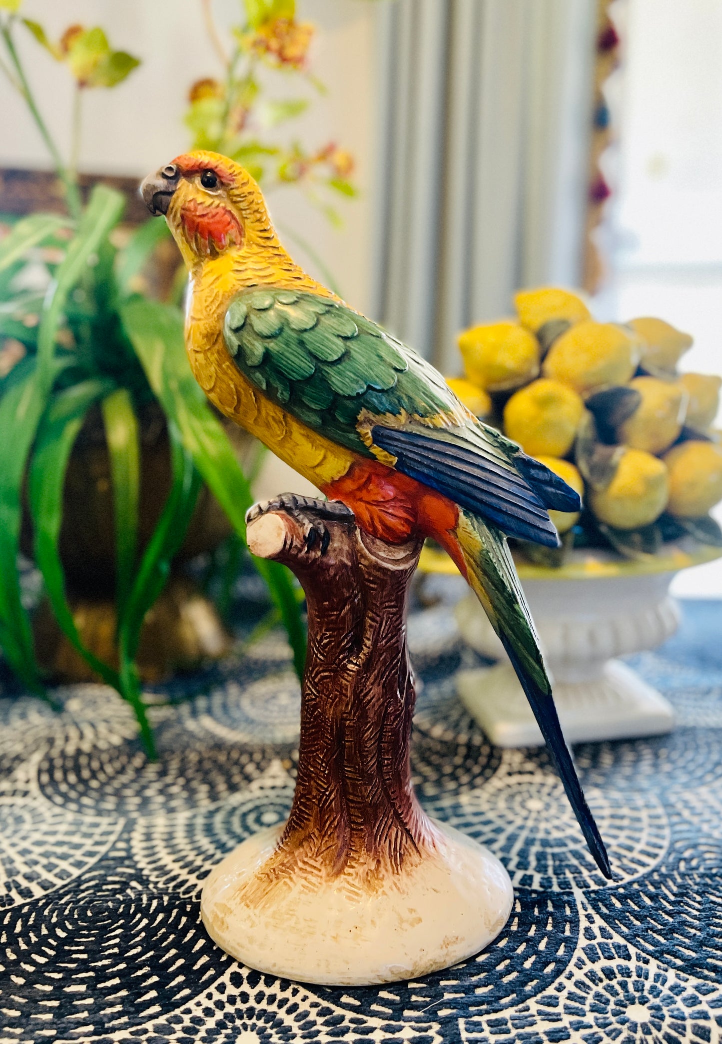 Vintage Parrot Statuette, Made in Italy, Hand Painted and Glazed, Majolica Parrot