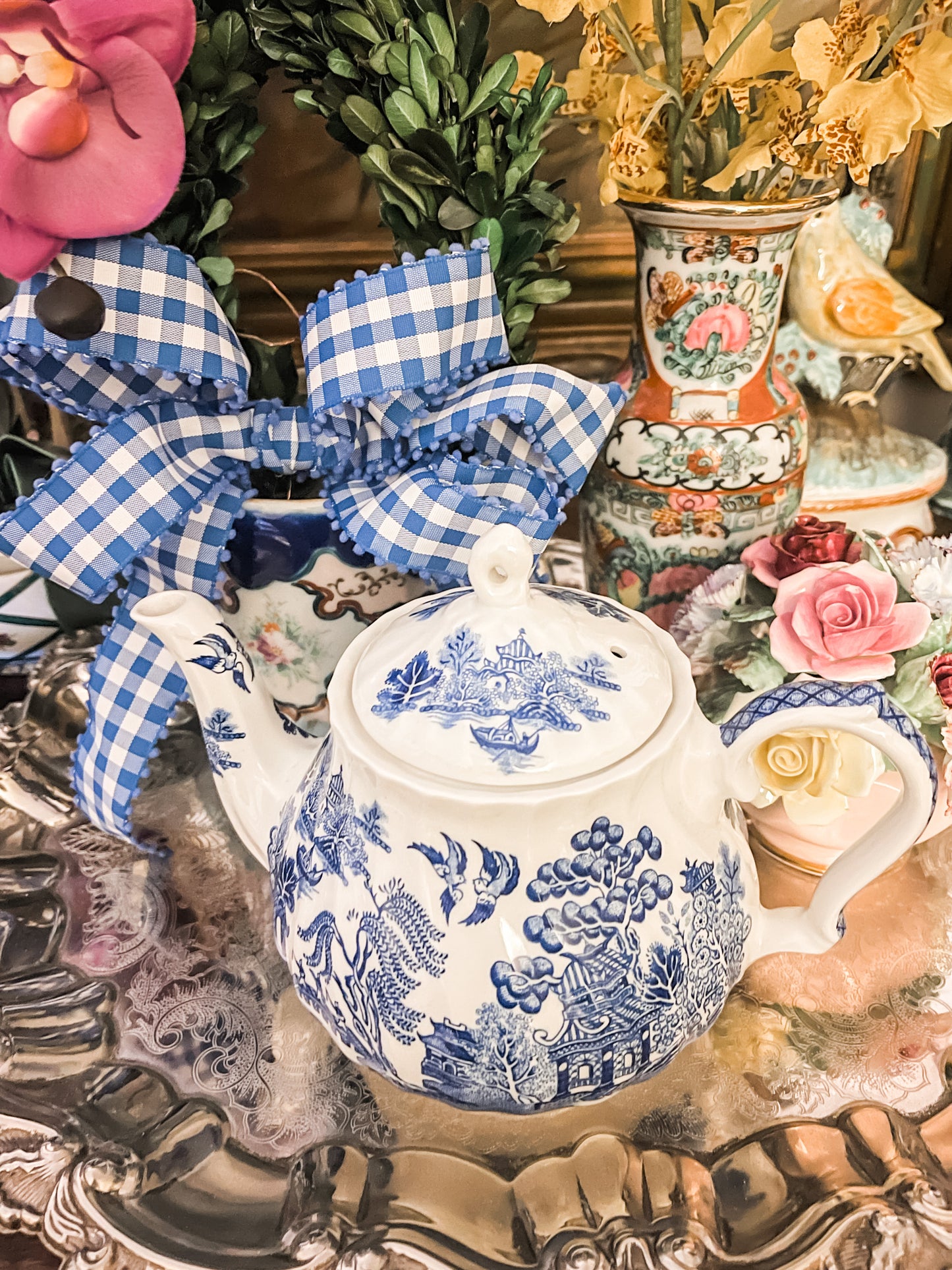 Vintage Mid Century 1950's Sadler England Blue Willow Teapot, Blue and White Chinoiserie