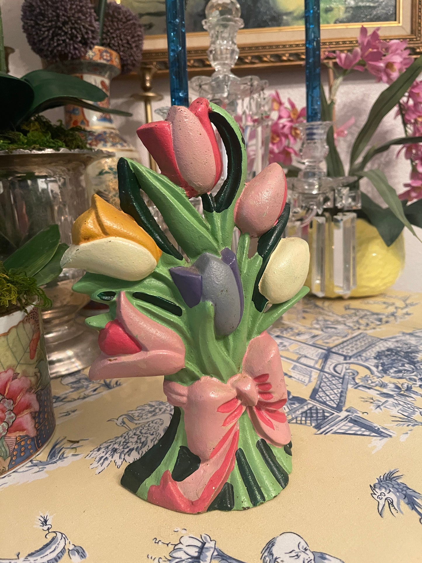 Vintage Cast Iron Tulip Bouquet with Pink Bow