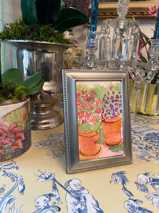 Vintage Watercolor of Potted Flowering Shrubs