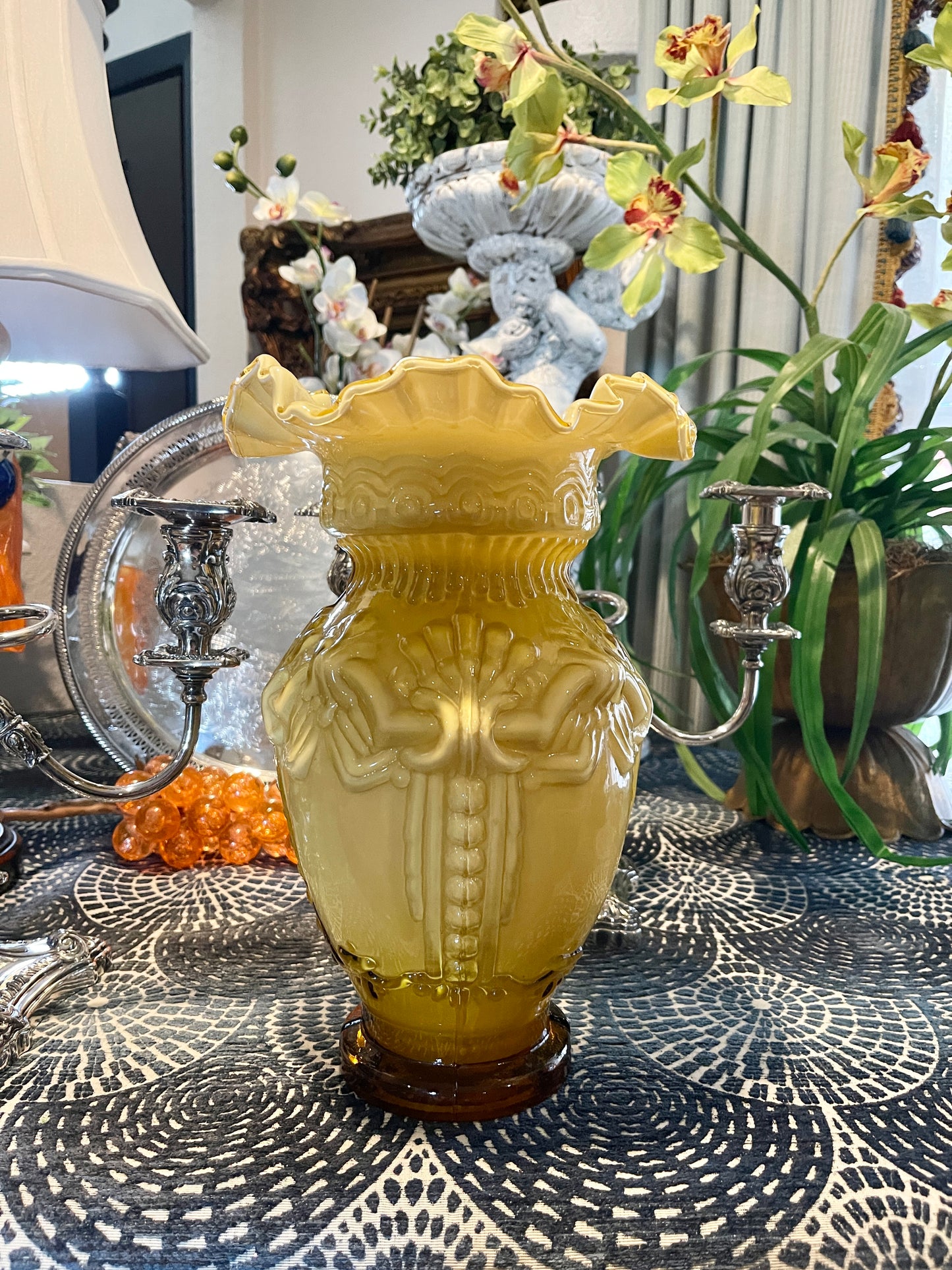 Vintage Art Deco Vase with Cased Ruffle Hand Blown Glass Vase, Mid 20th Century Victorian Vase in Butterscotch, Fantastic Detail