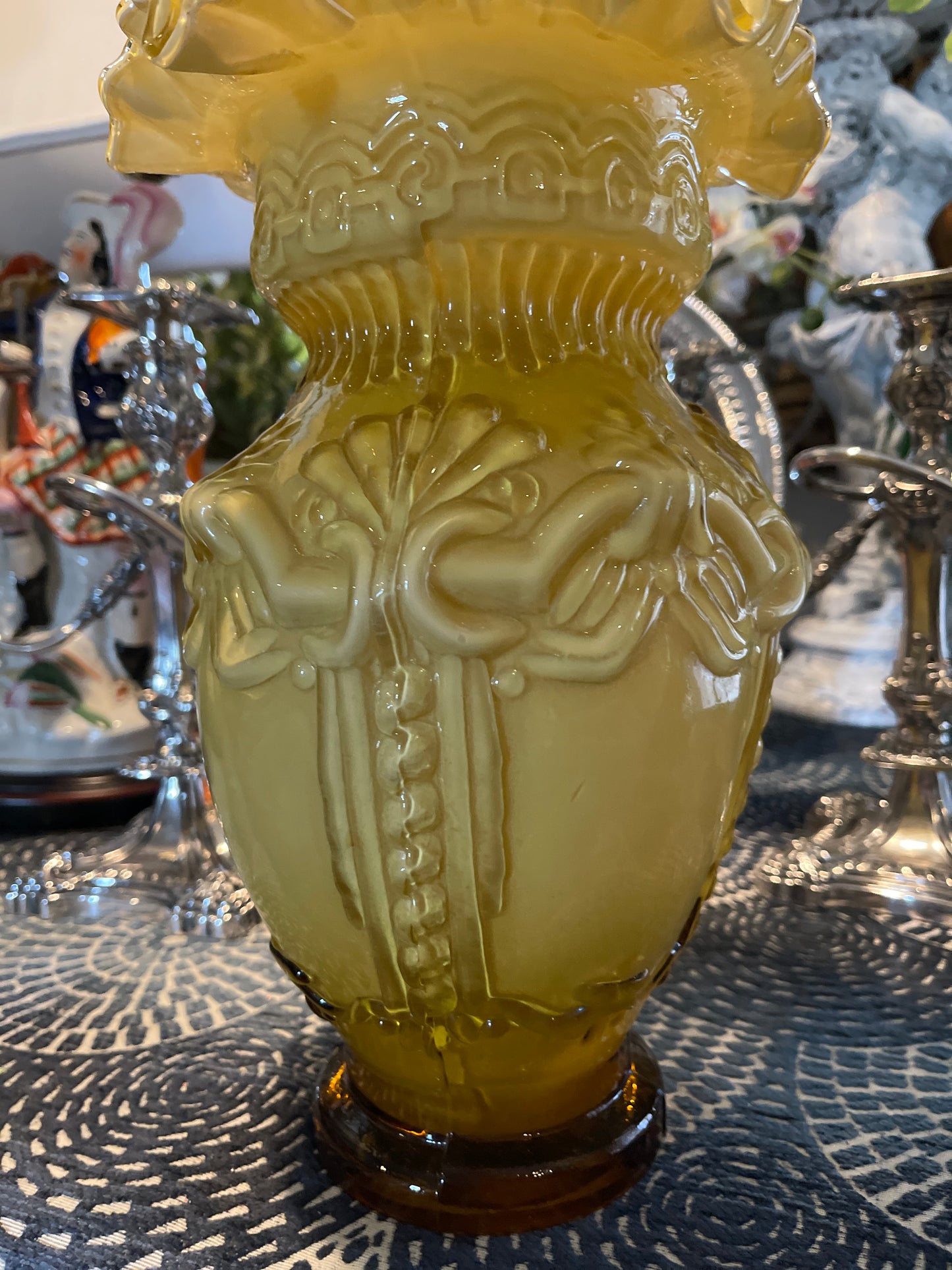 Vintage Art Deco Vase with Cased Ruffle Hand Blown Glass Vase, Mid 20th Century Victorian Vase in Butterscotch, Fantastic Detail