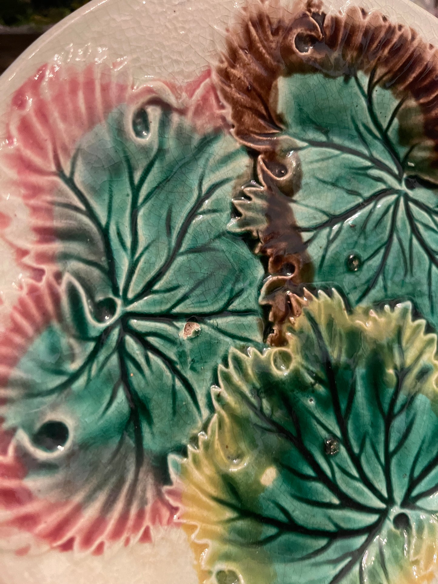 Antique Majolica Three Leaf Plate