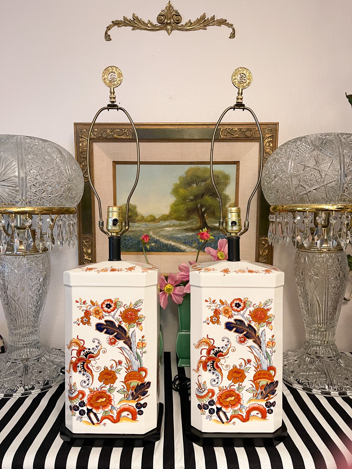 Pair of Vintage Ceramic Chinoiserie Lamps, Classic Imari Colors of Blue and Orange, Floral, Feather, Mushroom and Butterfly Motif