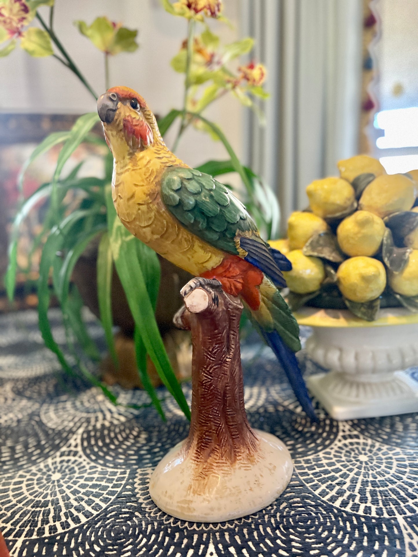 Vintage Parrot Statuette, Made in Italy, Hand Painted and Glazed, Majolica Parrot