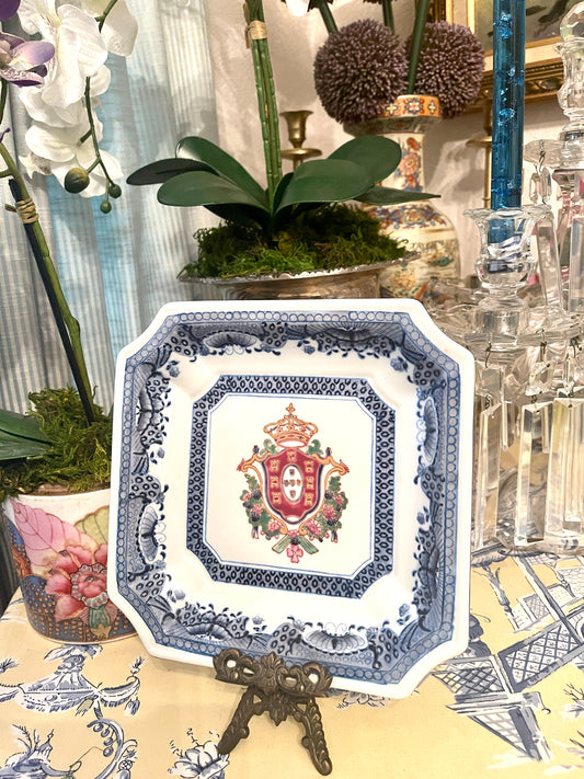 Vintage Blue and White Plate with Royal Crown Motif, Easel Included