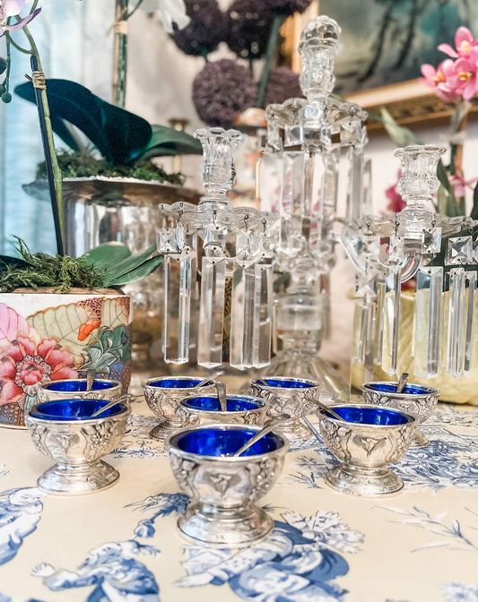 Vintage Cornell & Co Silverplate Salt Cellar with Cobalt Glass Liner, Set of Two with Spoons, Made in Japan