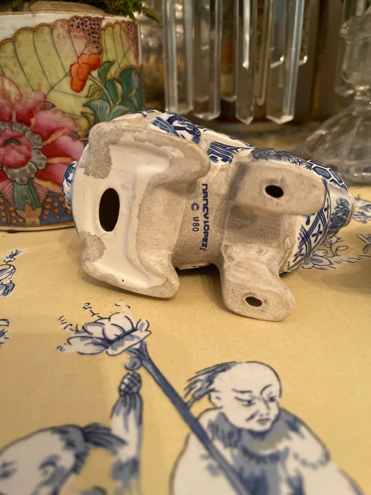 Blue and White Mosaic Stoneware Bunny Candle Holder Pair, Nancy Lopez 1980