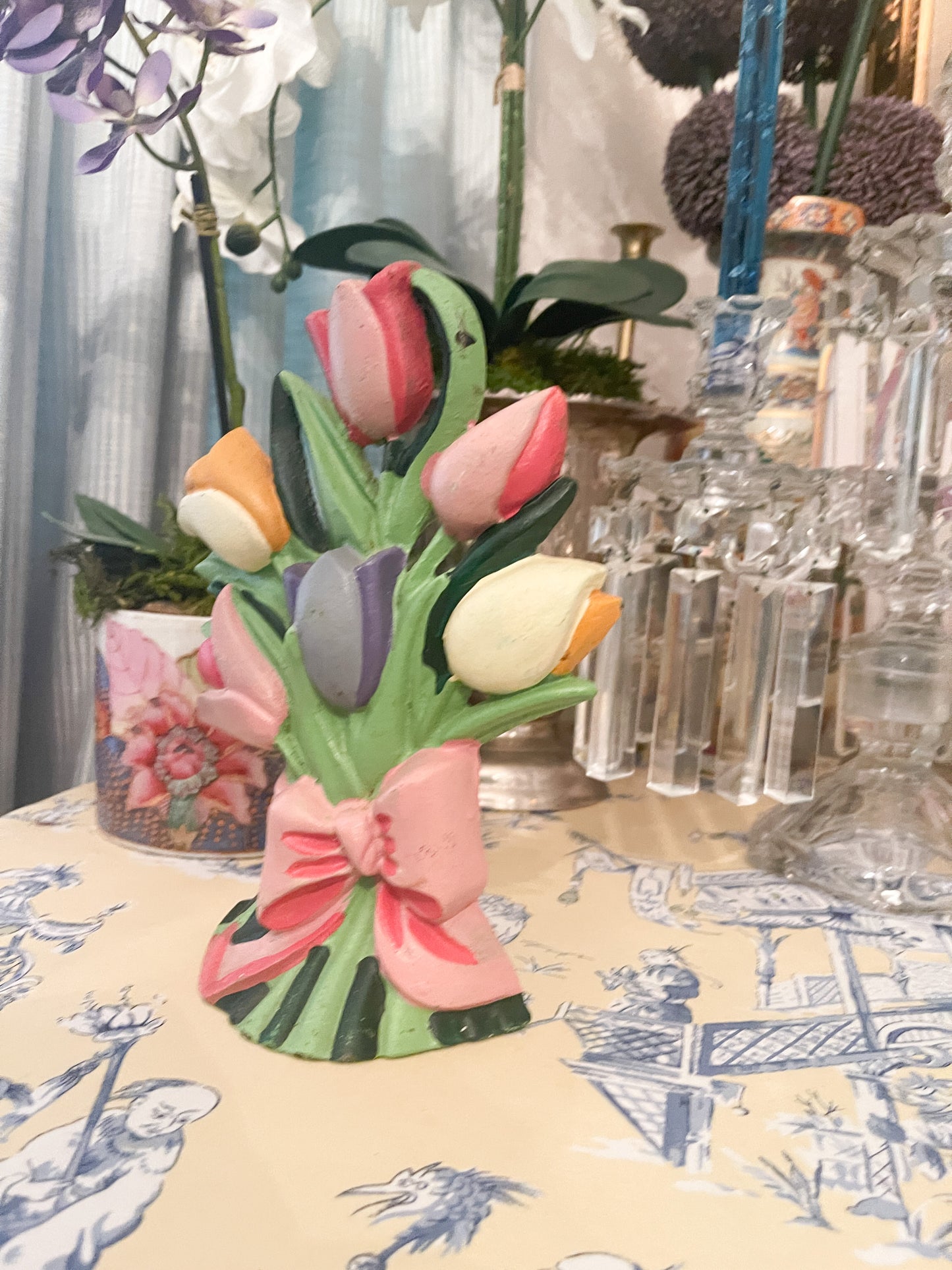 Vintage Cast Iron Tulip Bouquet with Pink Bow