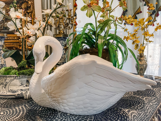 Large Glossy White Ceramic Swan