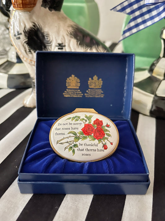 Halcyon Days 'Don't be sorry Roses have thorns...' Enameled Box, Made in England, Original Box