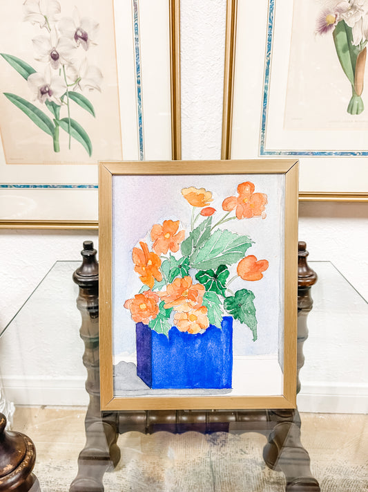 Original Watercolor of a Blooming Plant with Vibrant Orange Flowers in a Blue Planter, Vintage, Simply Framed