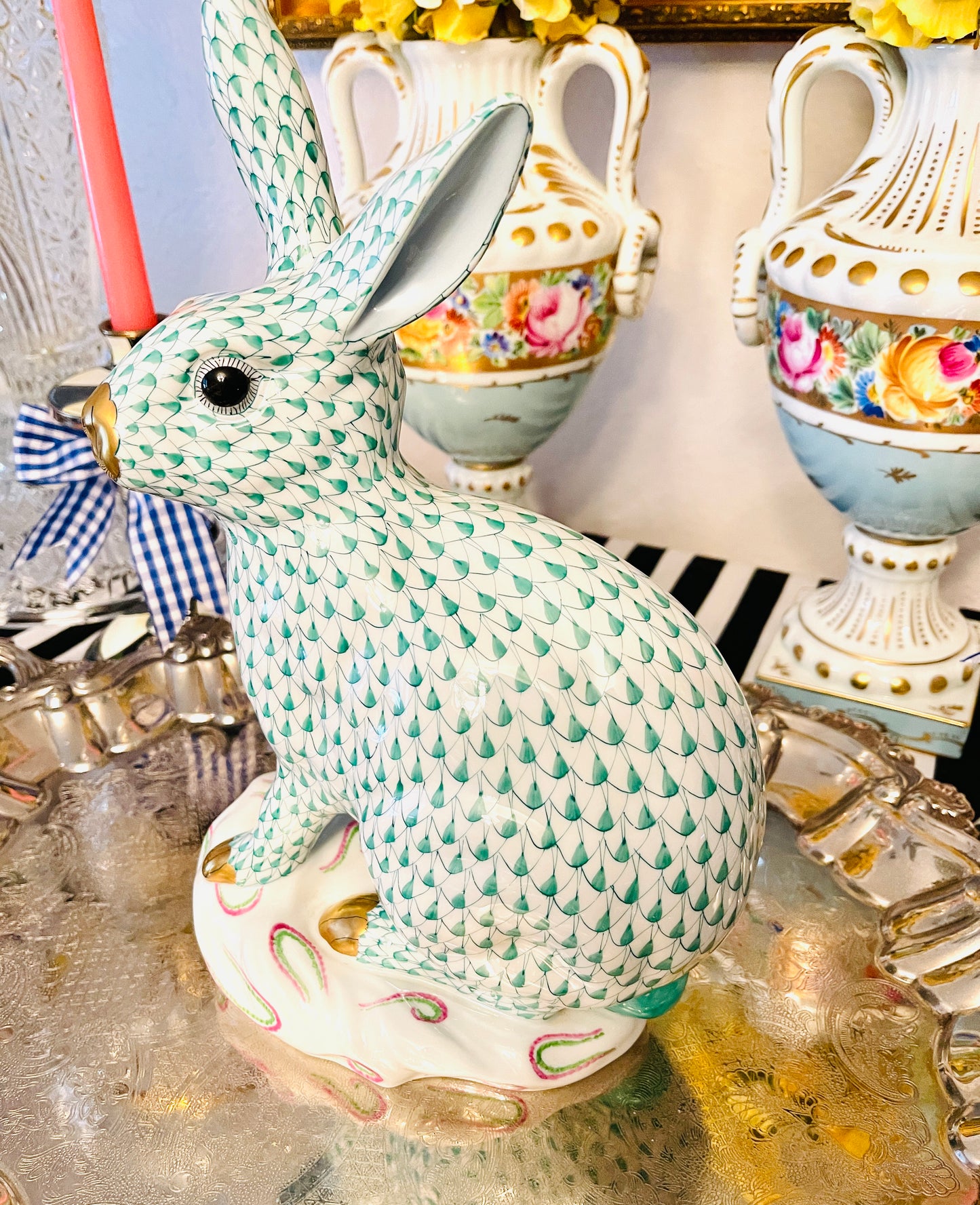 LARGE 11.75” Herend Rabbit, Hand Painted Porcelain with 22kt Gold Detail
