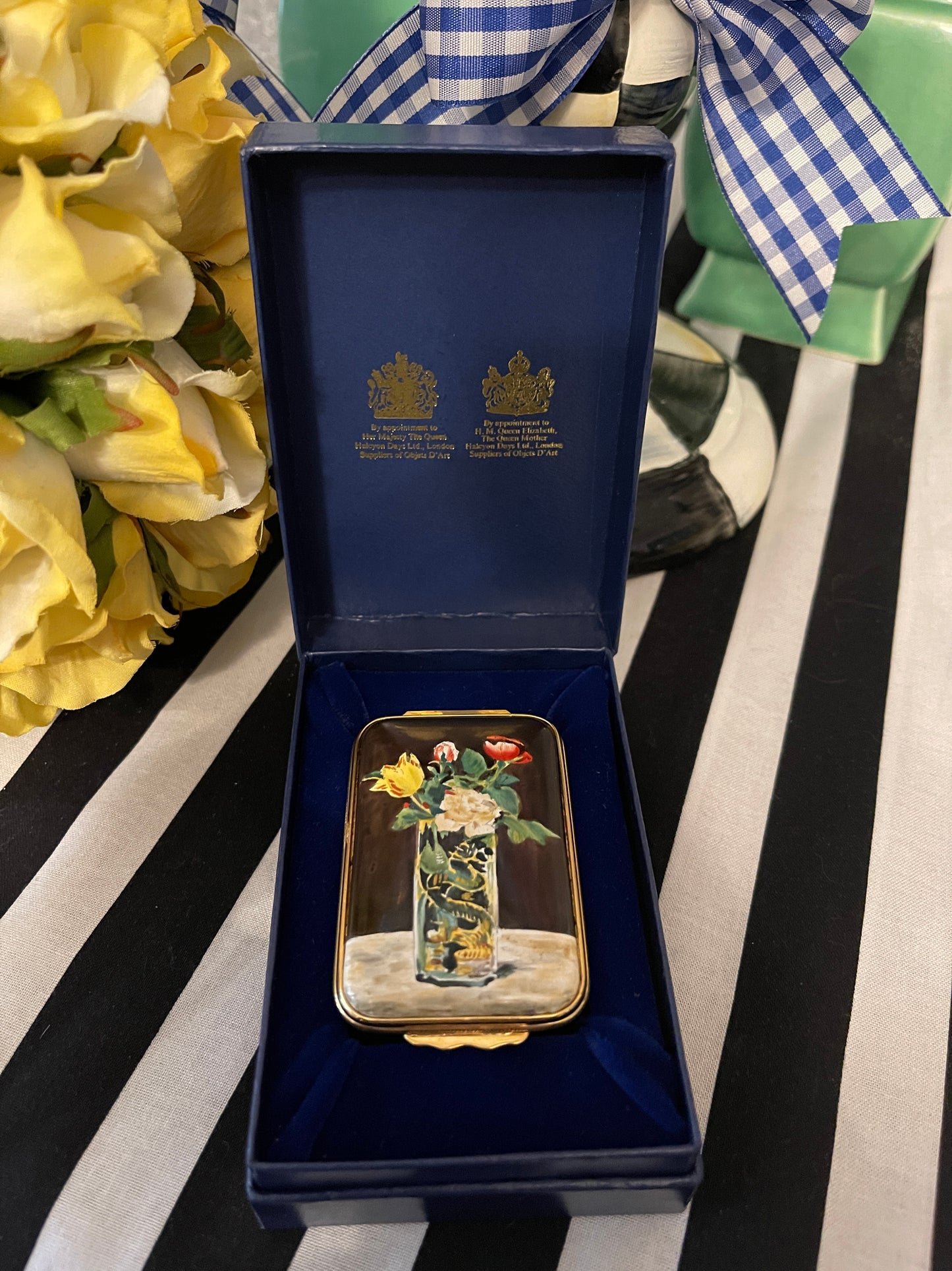 Halcyon Days Enameled Manet 'Roses and Tulip in Glass Vase', Made in England, Original Box