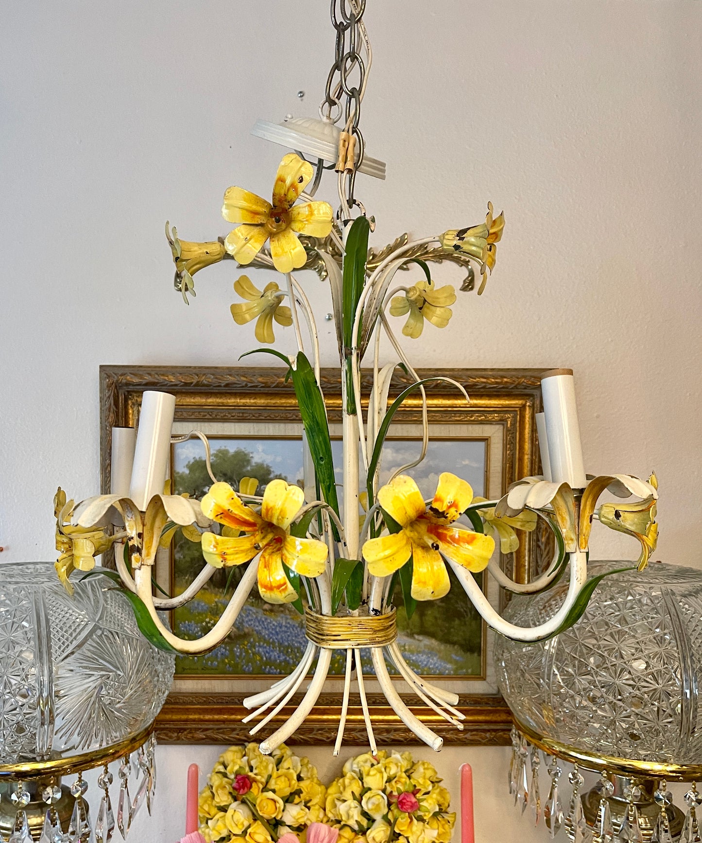 Large Vintage Tole Flower Chandelier, yellow and Orange Flowers with Wispy Green Leaves