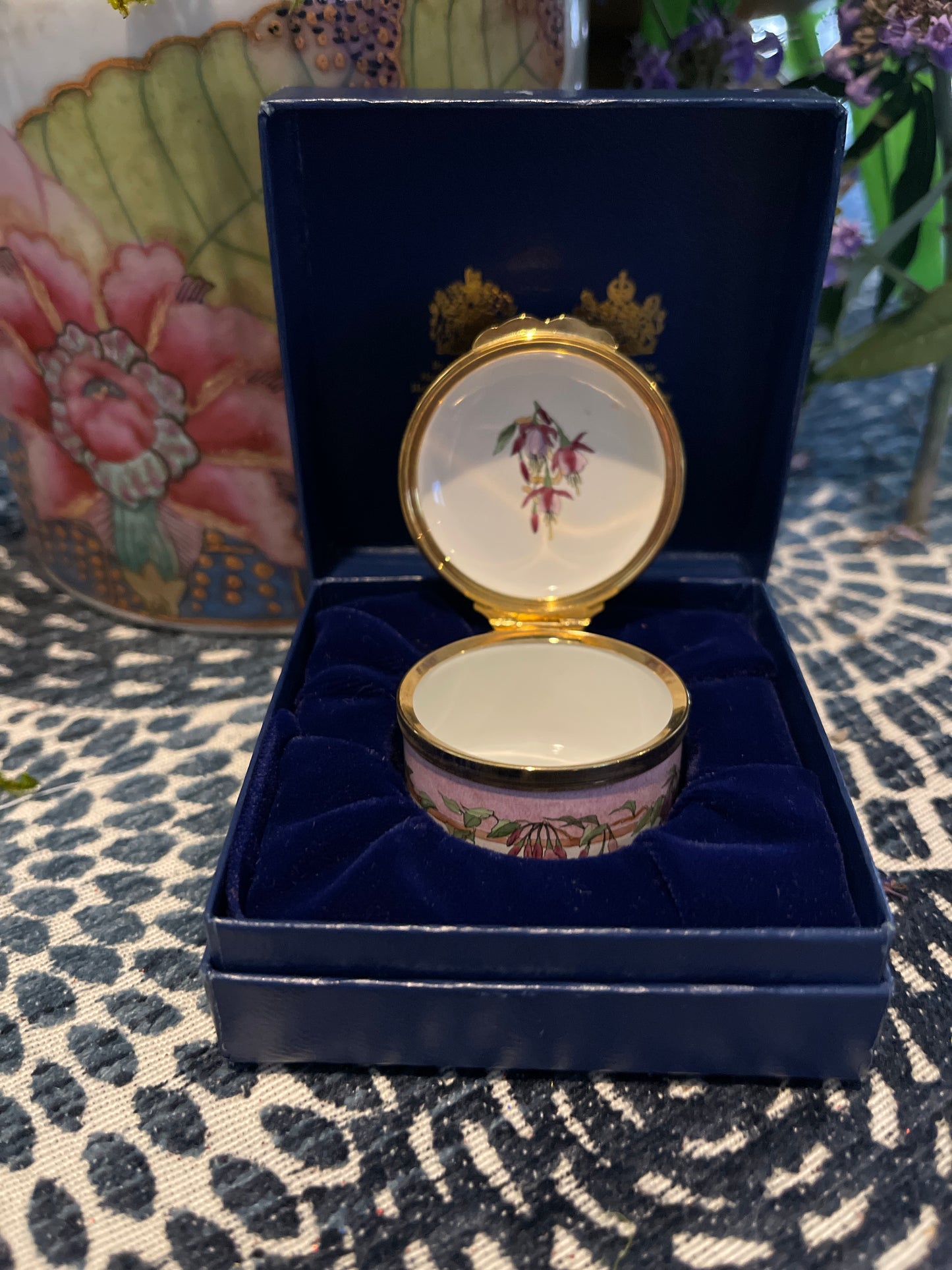 Halcyon Days Enamel Box with Pink Flowers, Viney Green Foliage and a Buzzing Bee, Made in England, Original Box