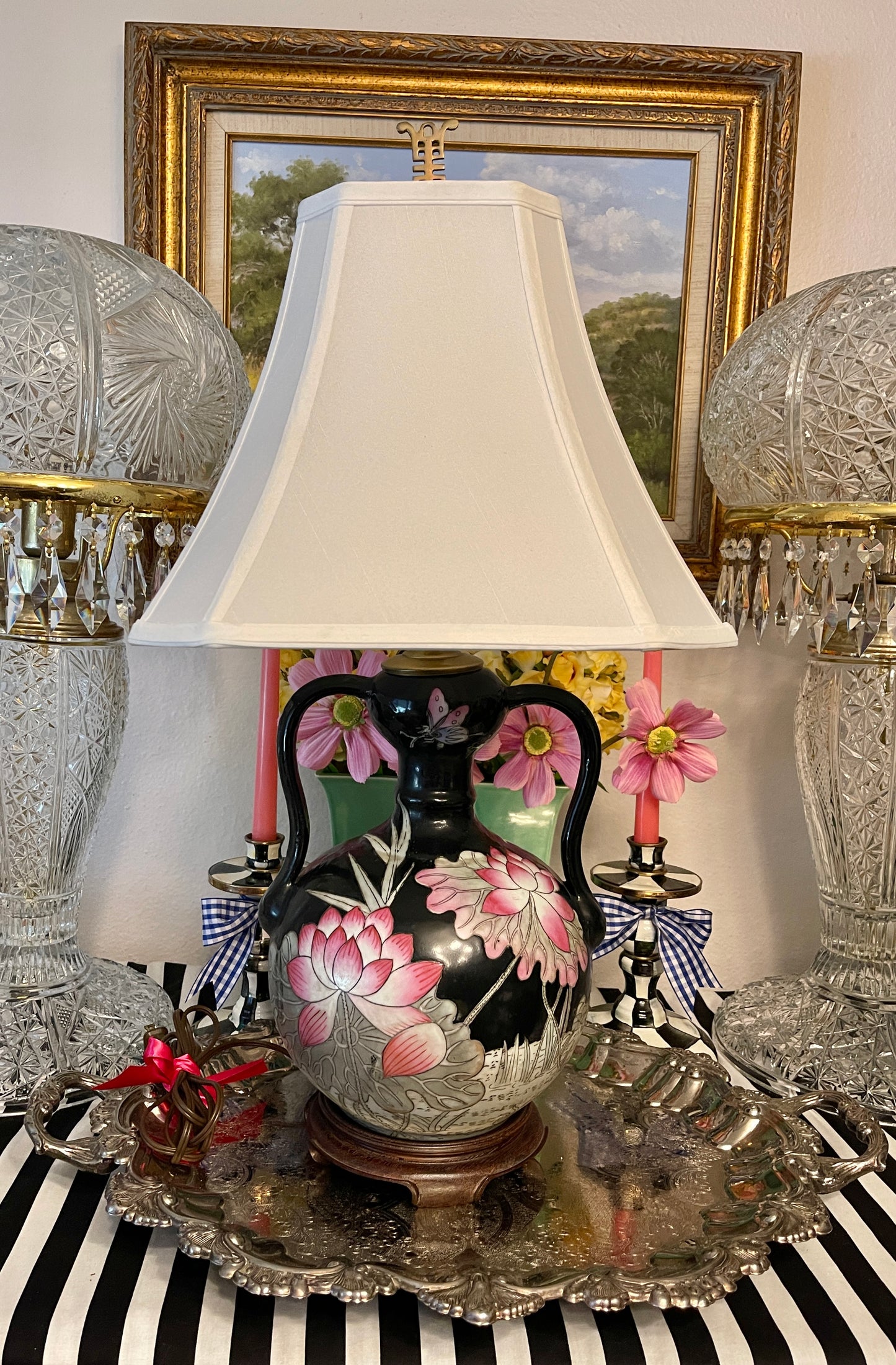 Black Polychrome Chinoiserie Double Handled Vase Lamp on Wood Base