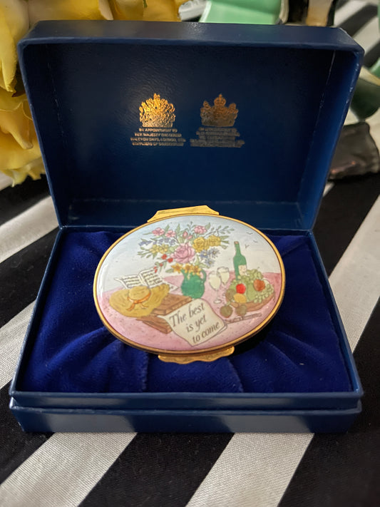 Halcyon Days ‘The Best is Yet to Come’ Enameled Box with Flowers and Wine, made in England, Original Box