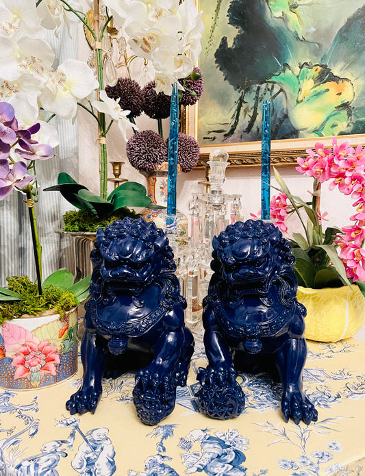 Pair of Blue Lacquered Foo Dogs, Chinoiserie Chic Decor