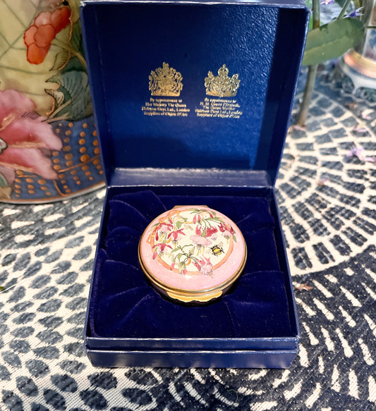 Halcyon Days Enamel Box with Pink Flowers, Viney Green Foliage and a Buzzing Bee, Made in England, Original Box