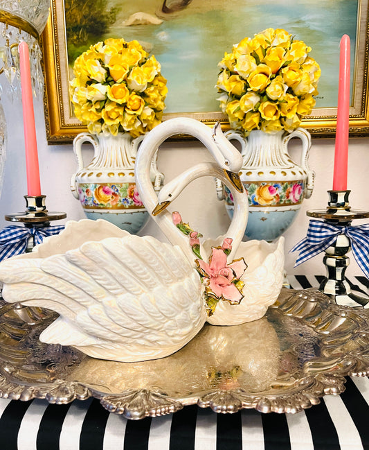 Vintage CAPODIMONTE Double Swan Planter, Made in Italy