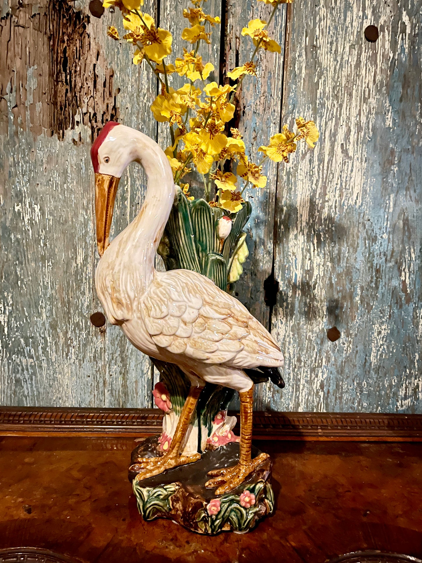 Large Majolica Style Heron Vase