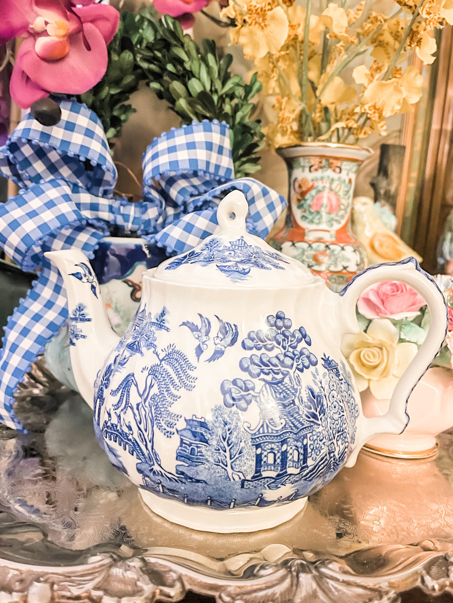 Vintage Mid Century 1950's Sadler England Blue Willow Teapot, Blue and White Chinoiserie