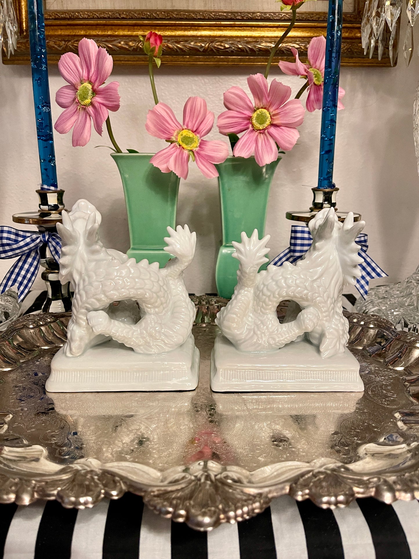 Vintage Fitz and Floyd Blanc de Chine Dragon Bookends, Chinoiserie Chic Shelf Decor