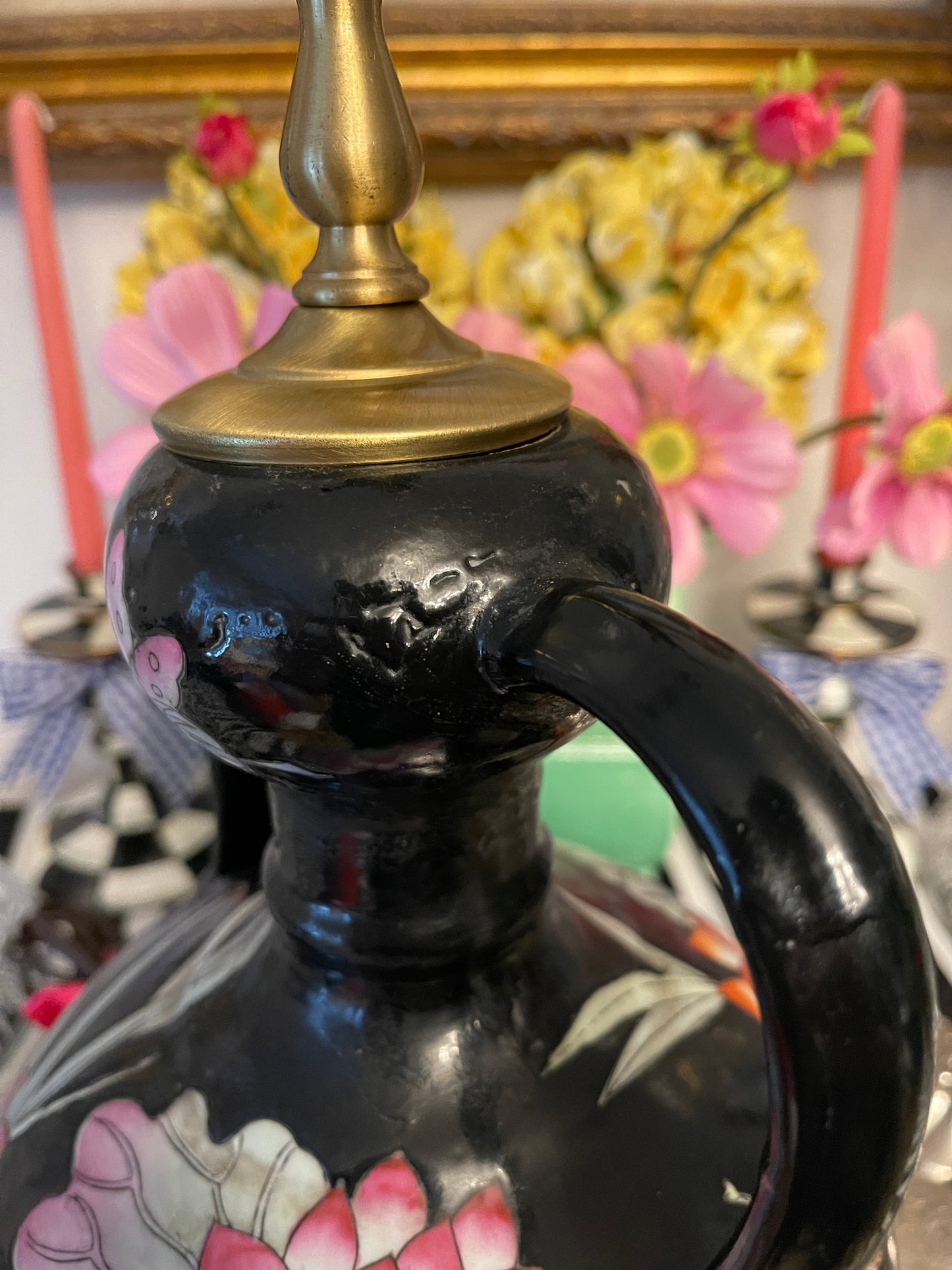 Black Polychrome Chinoiserie Double Handled Vase Lamp on Wood Base