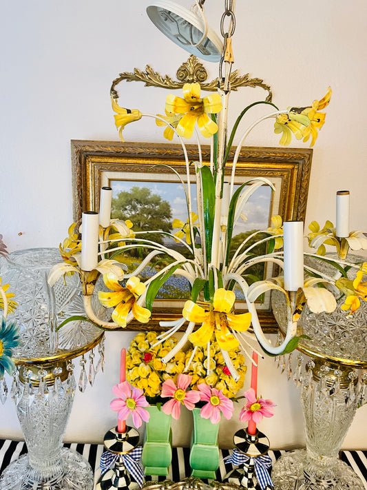 Large Vintage Tole Flower Chandelier, yellow and Orange Flowers with Wispy Green Leaves