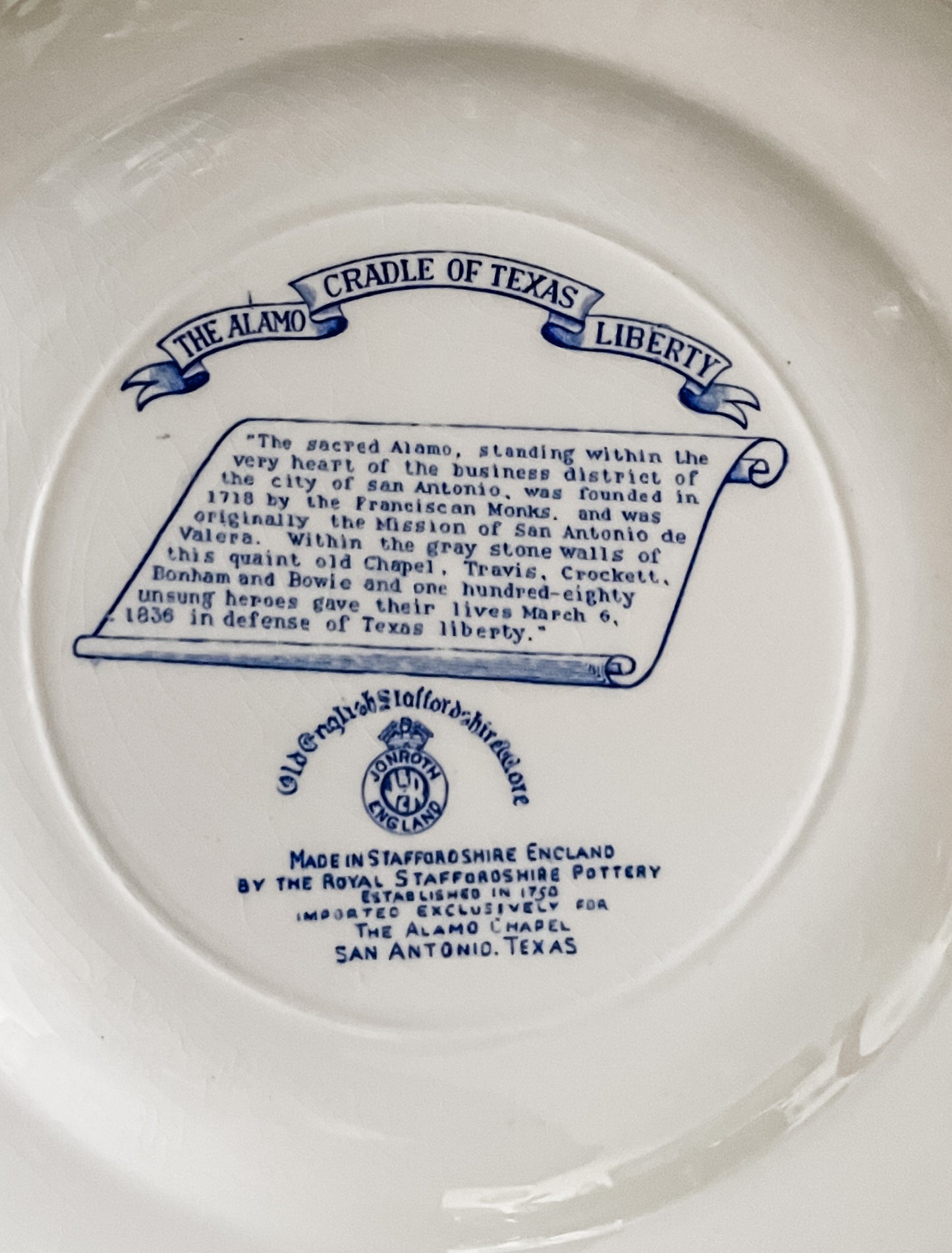 Blue and White Alamo Staffordshire Plate