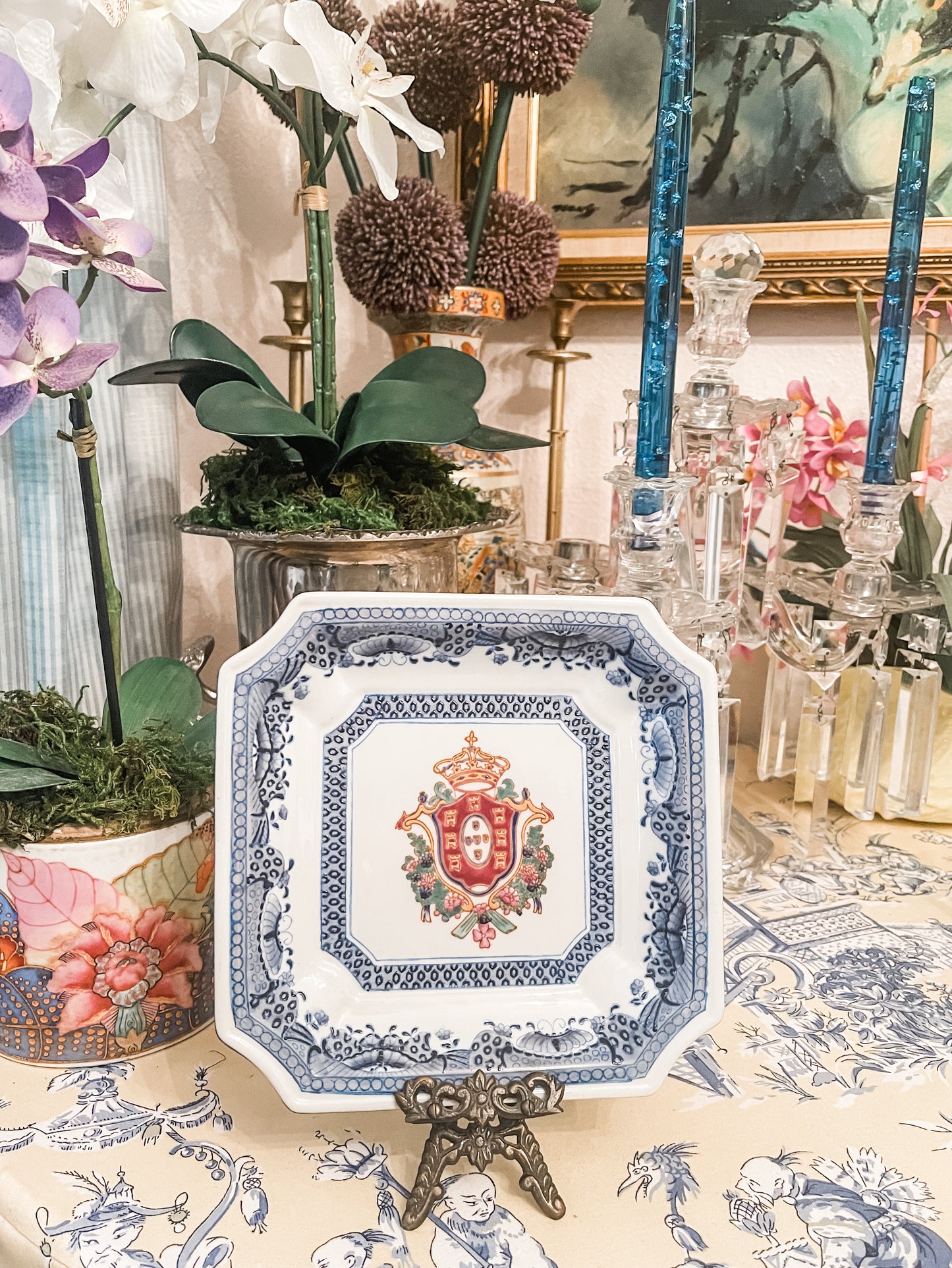 Vintage Blue and White Plate with Royal Crown Motif, Easel Included