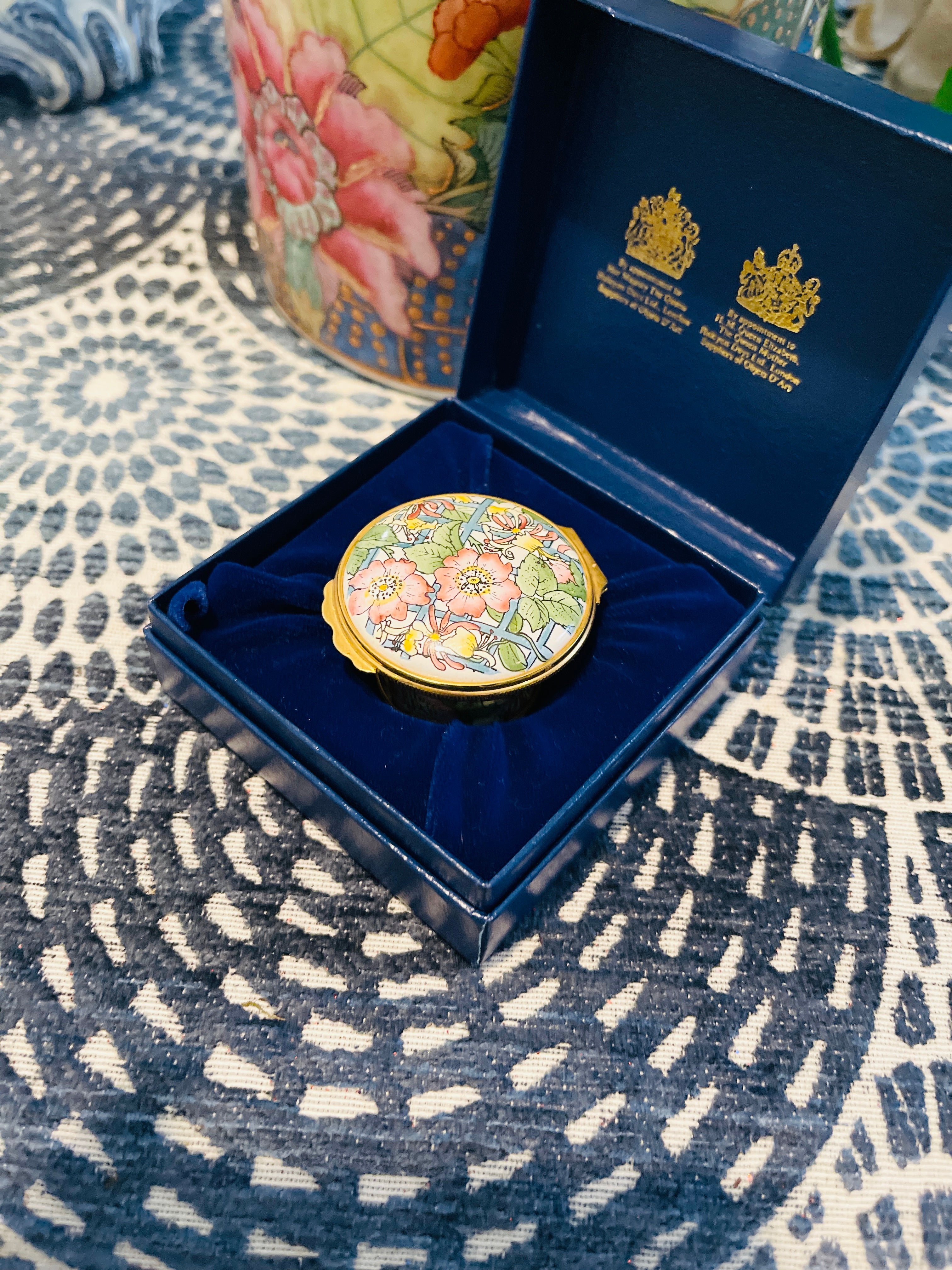 Vintage Halcyon Days Enamel Box with Pink and Yellow Flowers Draped on a  Blue Trellis, Made in England