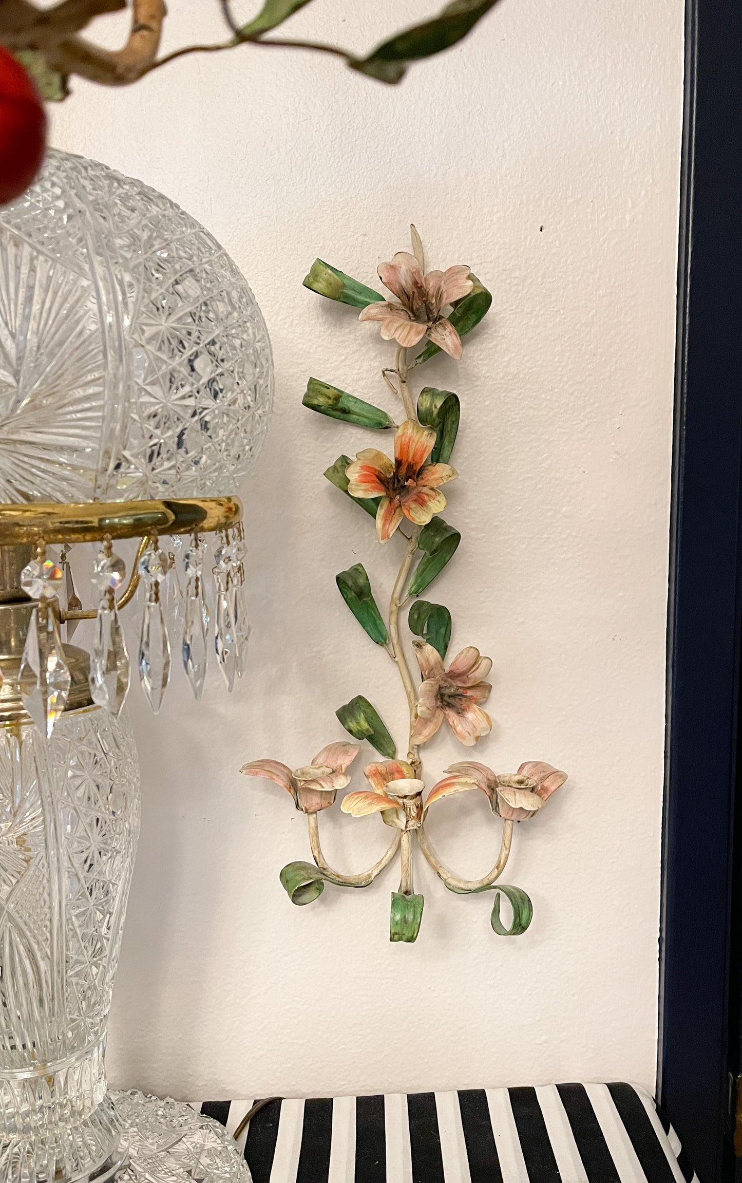 Vintage Italian Tole Flower Sconce,Shabby Chic Wall Sconce