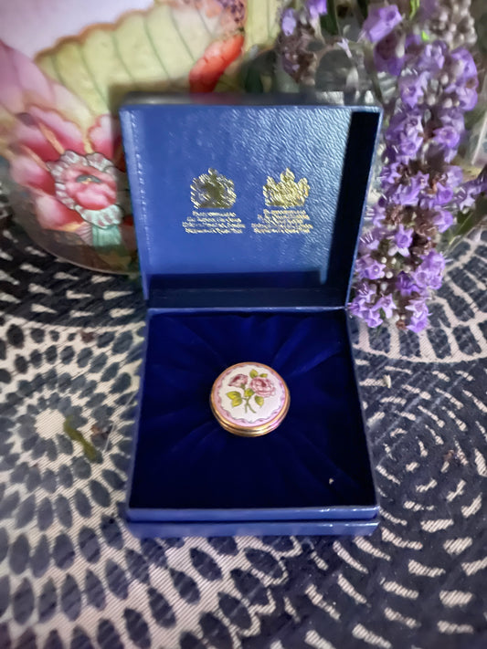 Halcyon Days MINI Enamel Box with Pink Flowers and Leafy Green Foliage, Made in England, Original Box