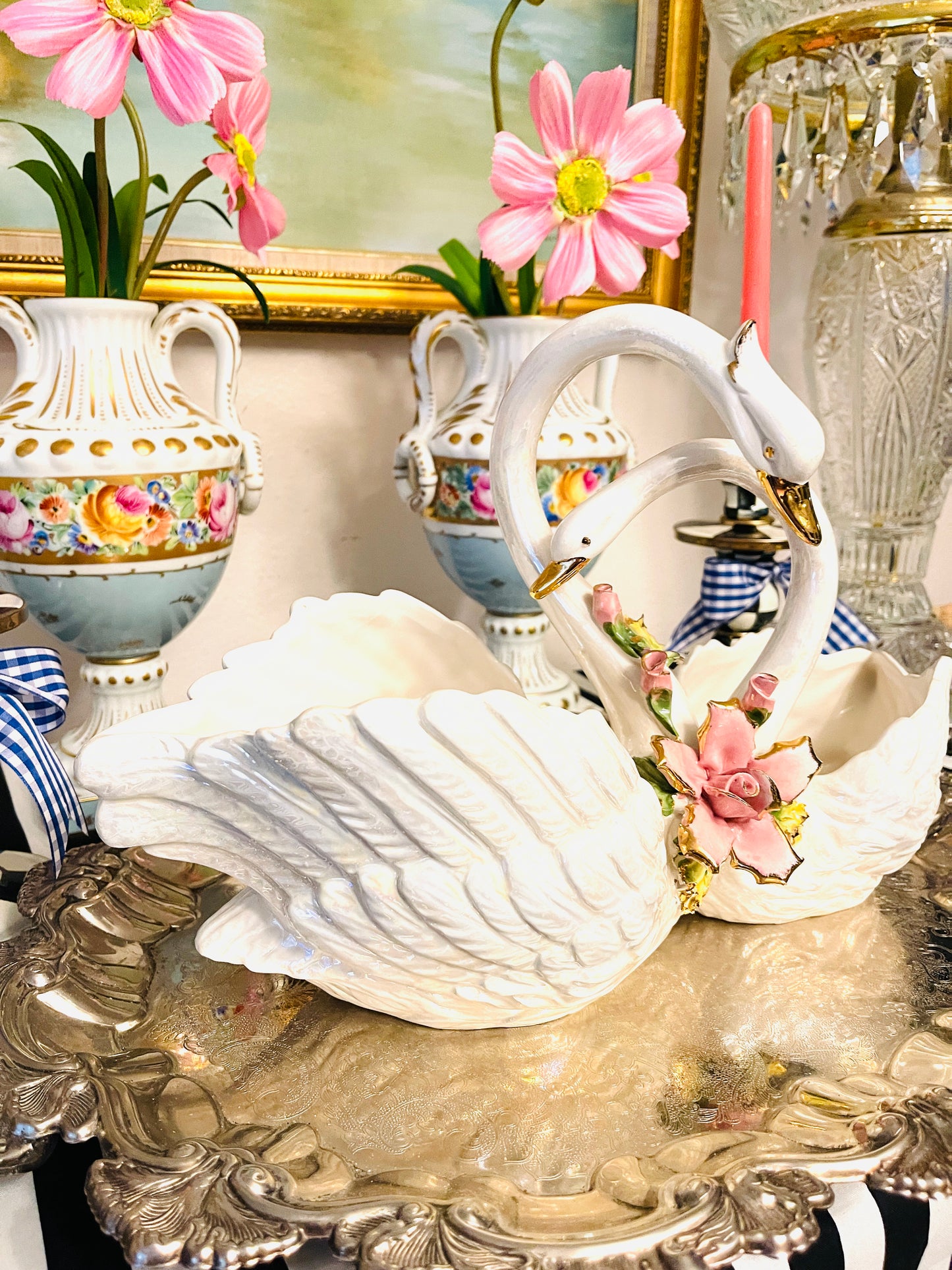 Vintage CAPODIMONTE Double Swan Planter, Made in Italy