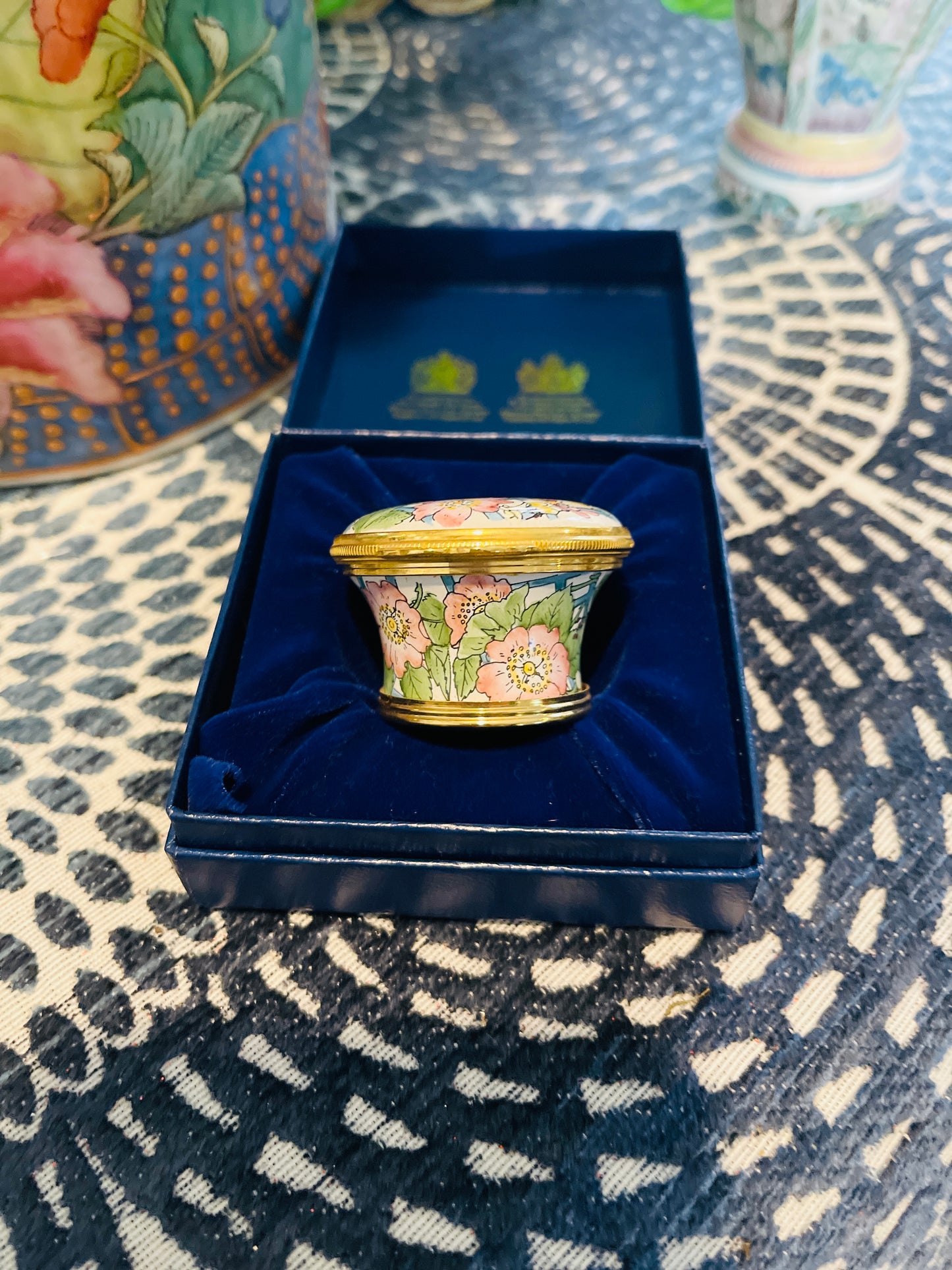Vintage Halcyon Days Enamel Box with Pink and Yellow Flowers Draped on a Blue Trellis, Made in England